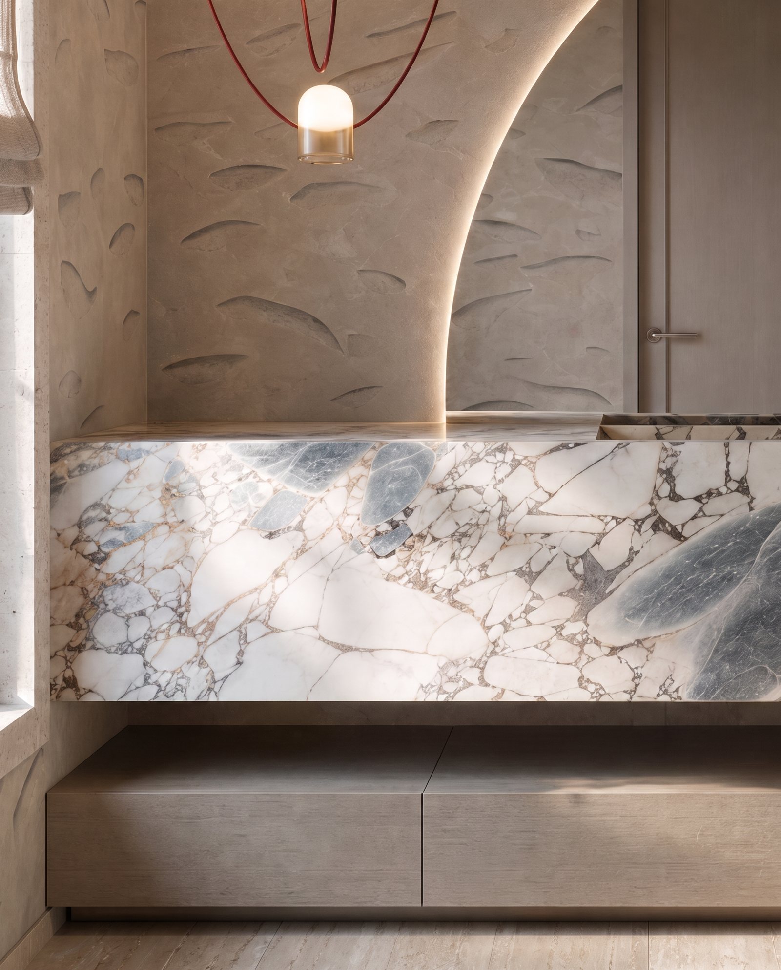 Powder room · arched marble niche