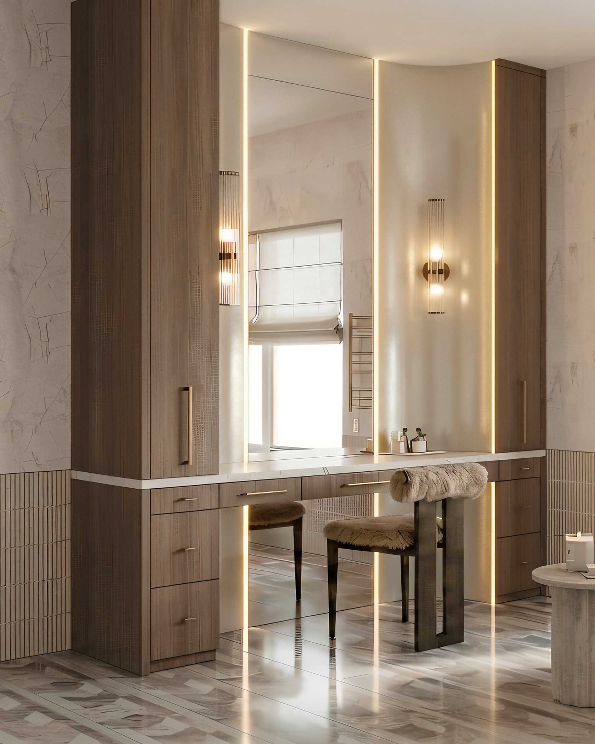 Ensuite · fluted walnut vanity
