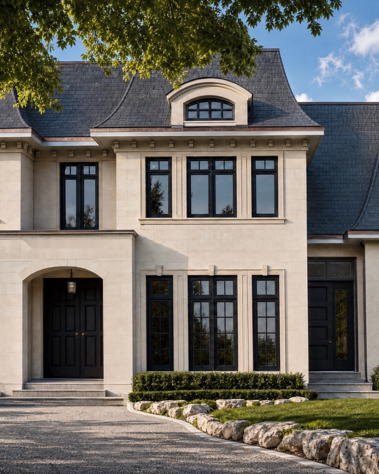 The Carmen residence, a limestone facade with a formal approach