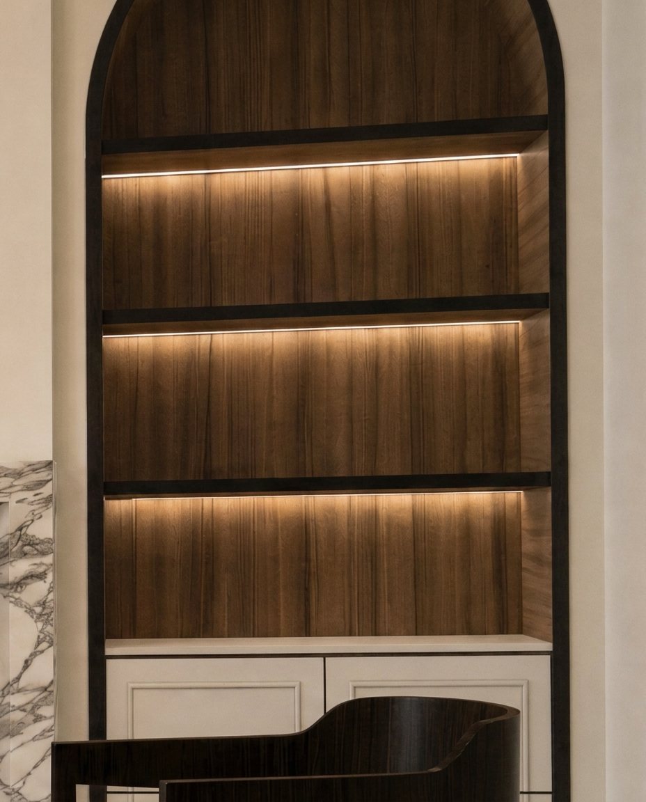Family room · lit shelving