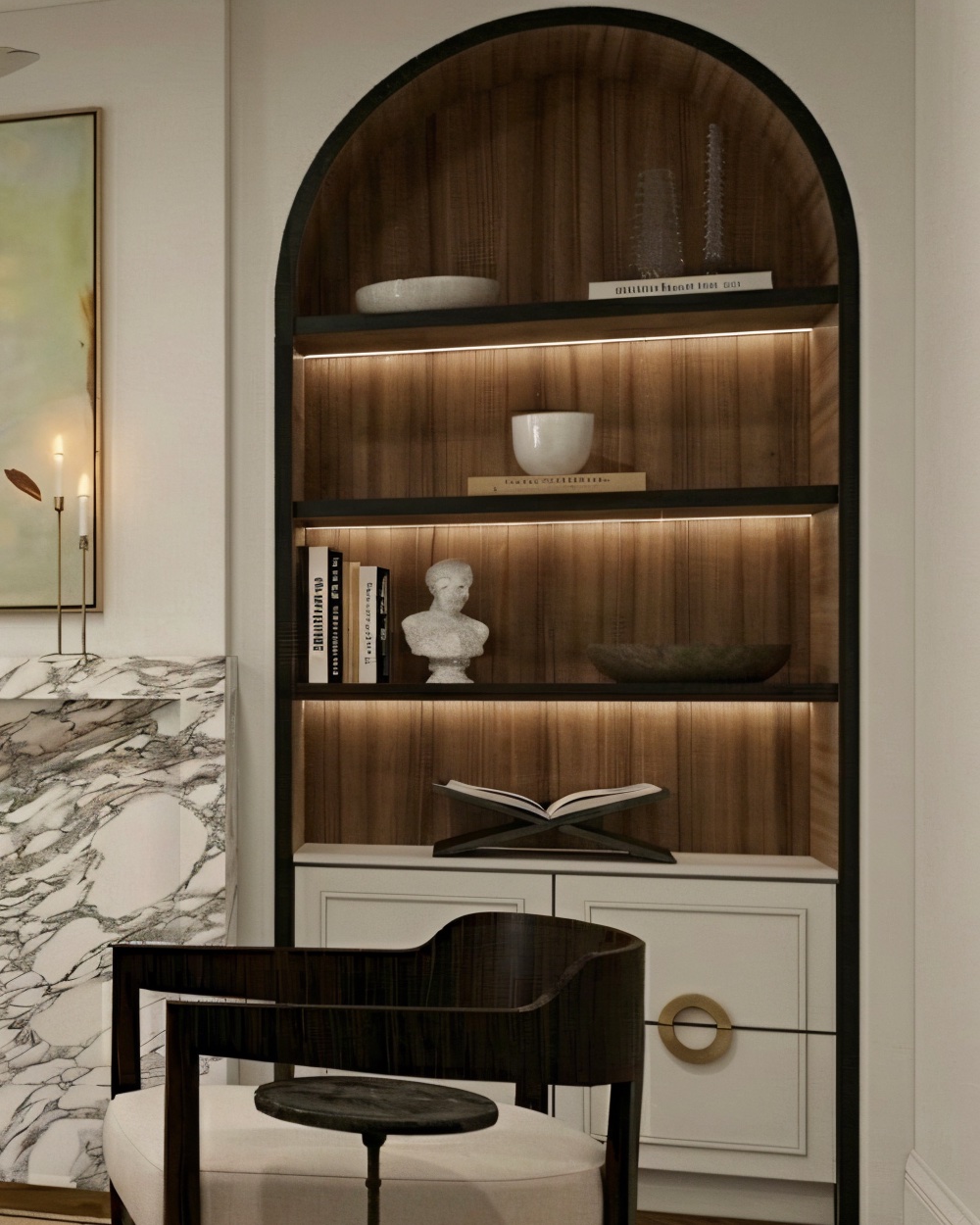 Family room · lit shelving