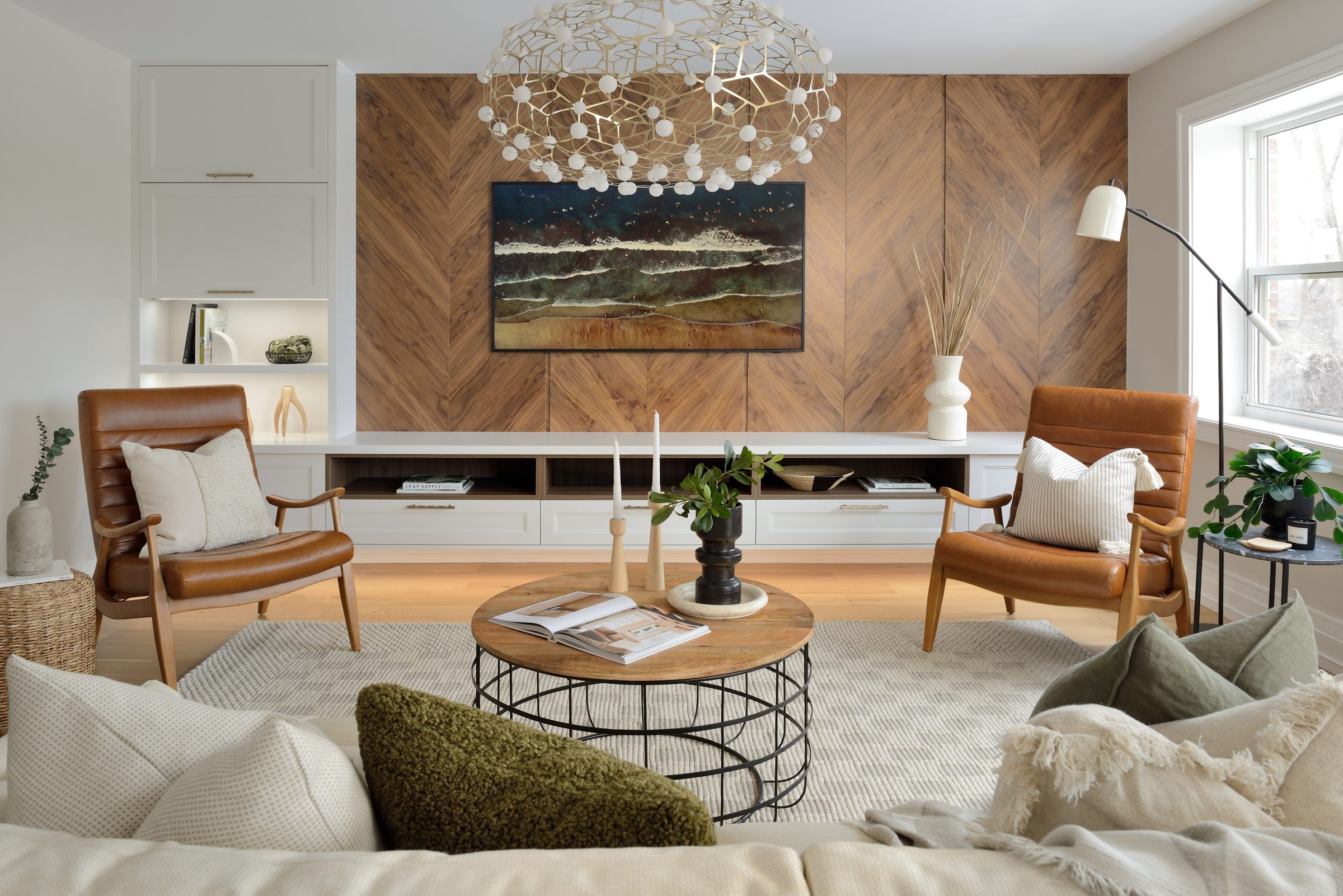 A herringbone-panelled family room