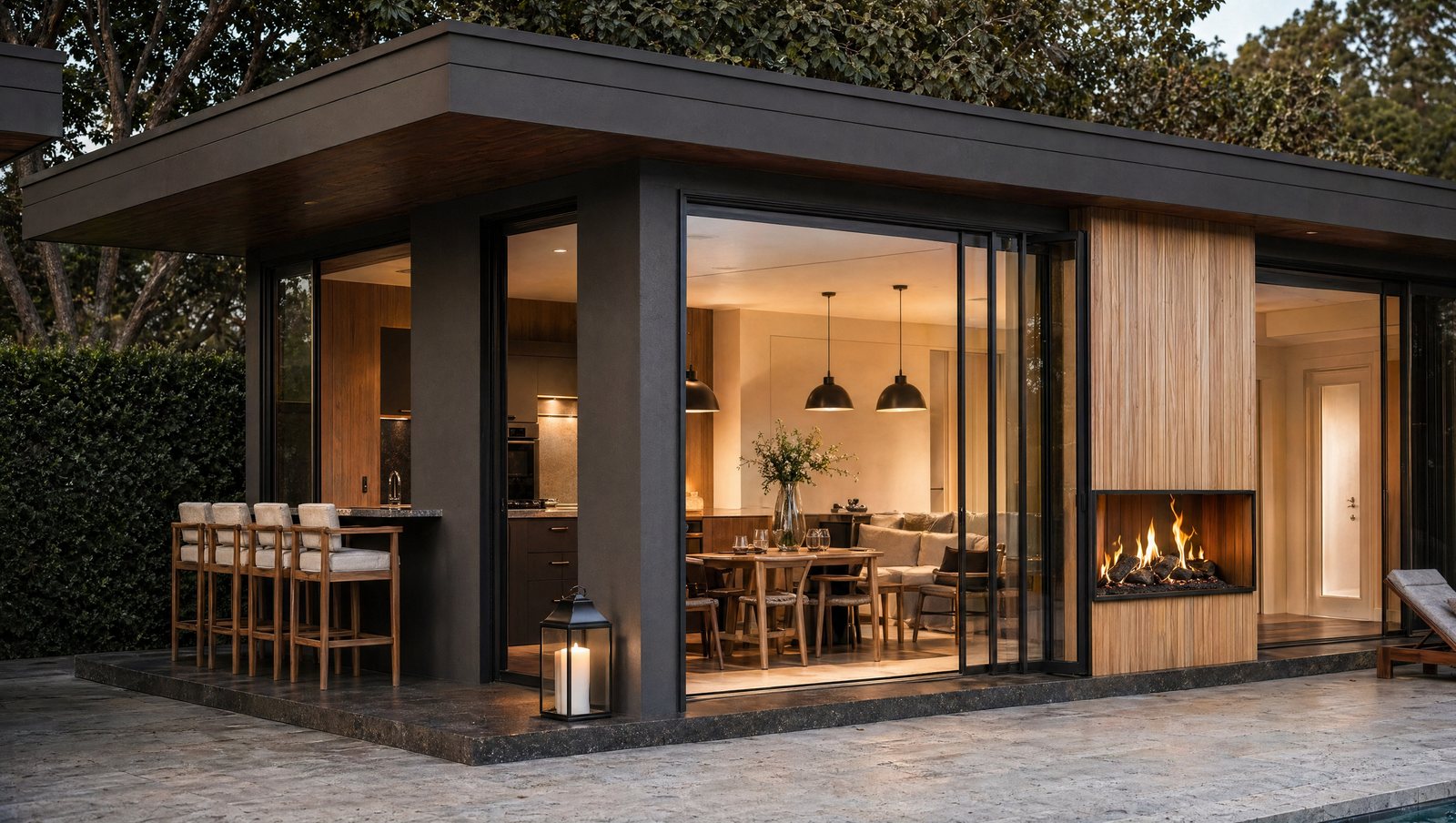 Outdoor cabana with bifold doors, fireplace, and warm interior lighting at twilight