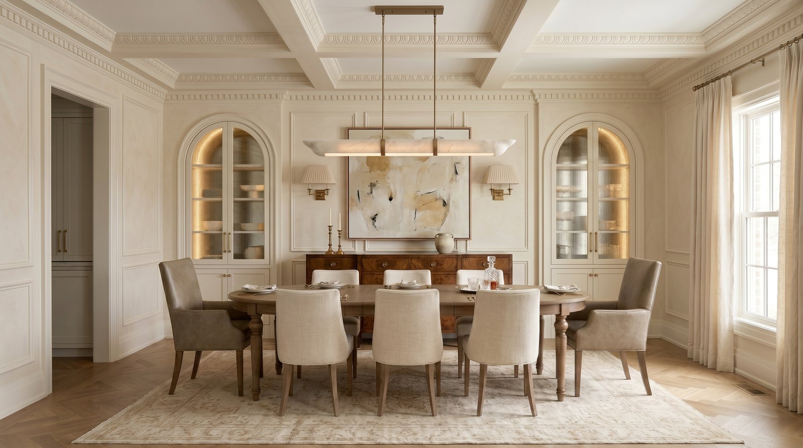 Formal dining room with coffered ceiling and pendant chandelier