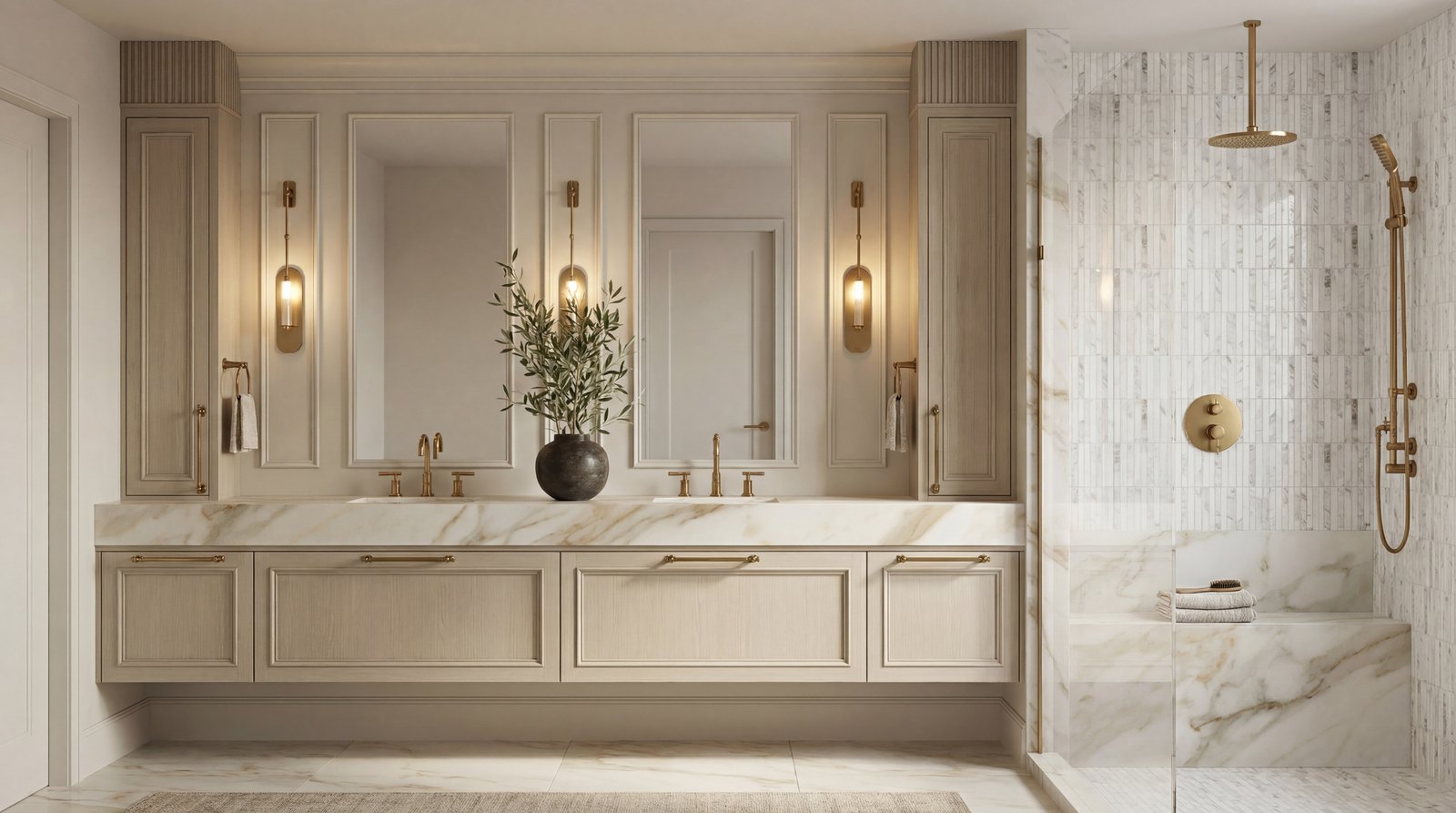 Principal ensuite with double marble vanity, brass sconces, and walk-in marble shower