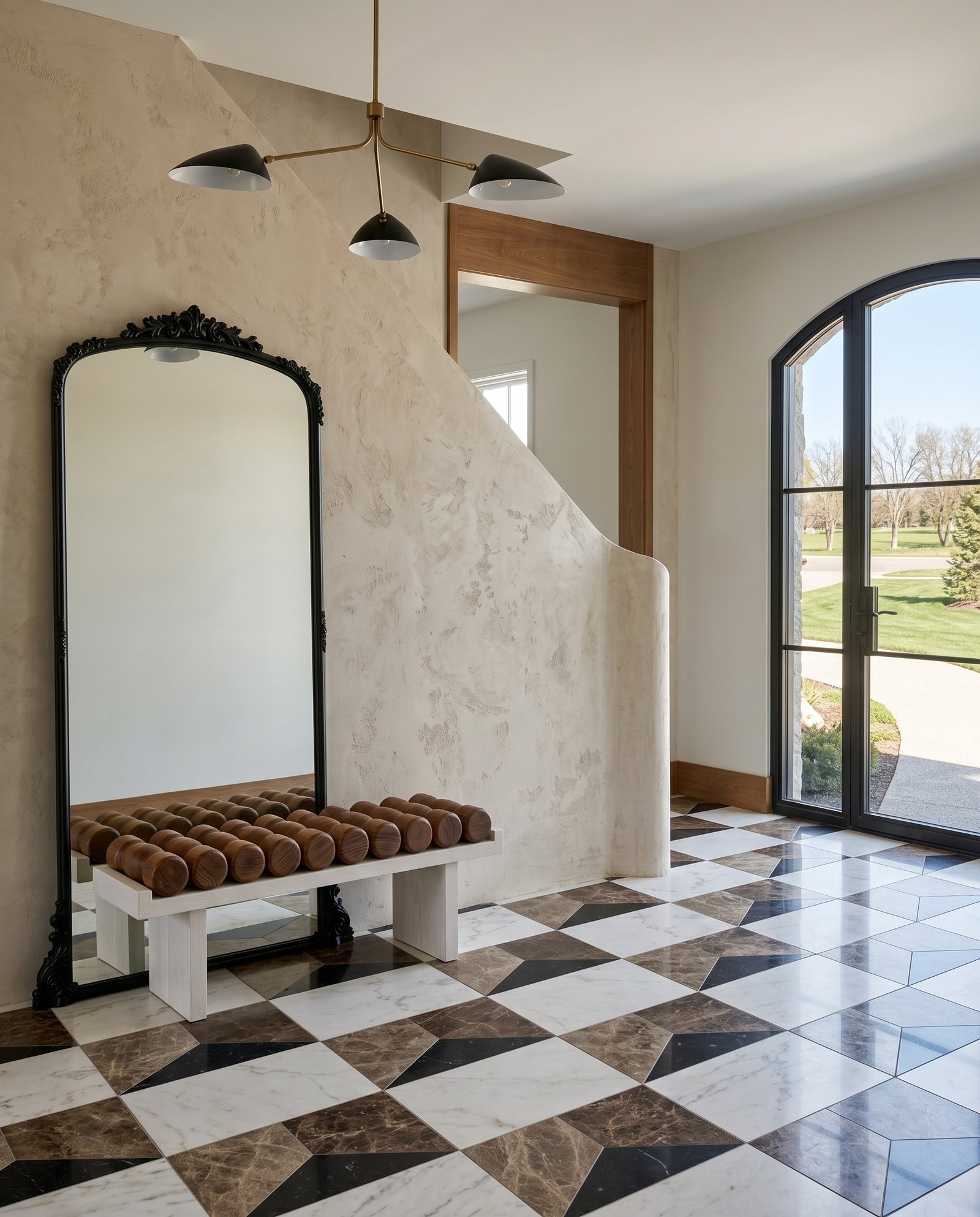 Foyer with checkerboard marble floor and ornate black mirror