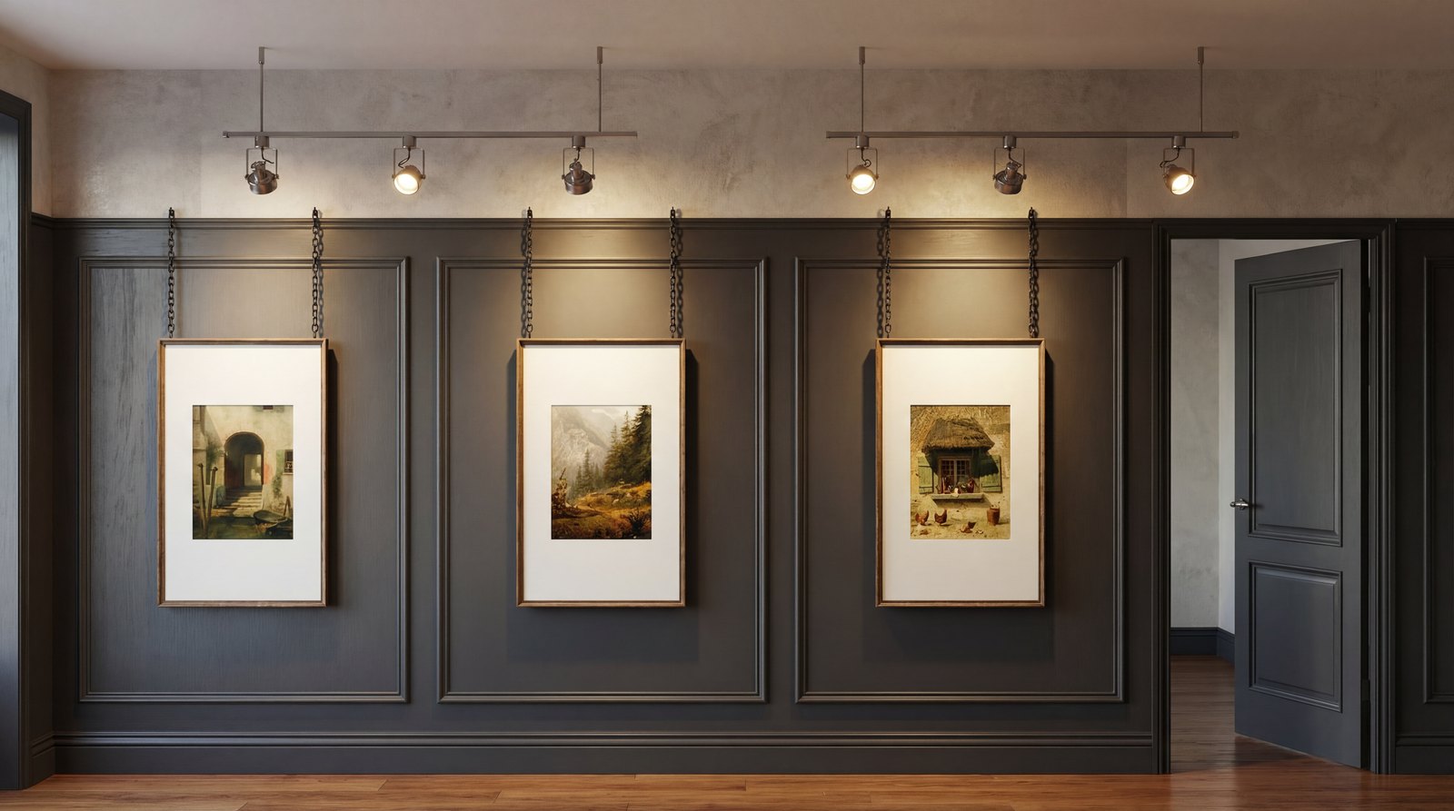 Hallway with framed art, panelled walls, and track lighting