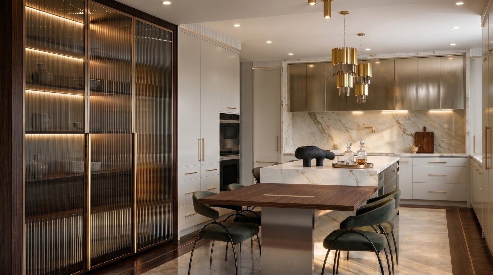 Custom kitchen with fluted glass cabinetry, marble island, and brass pendants