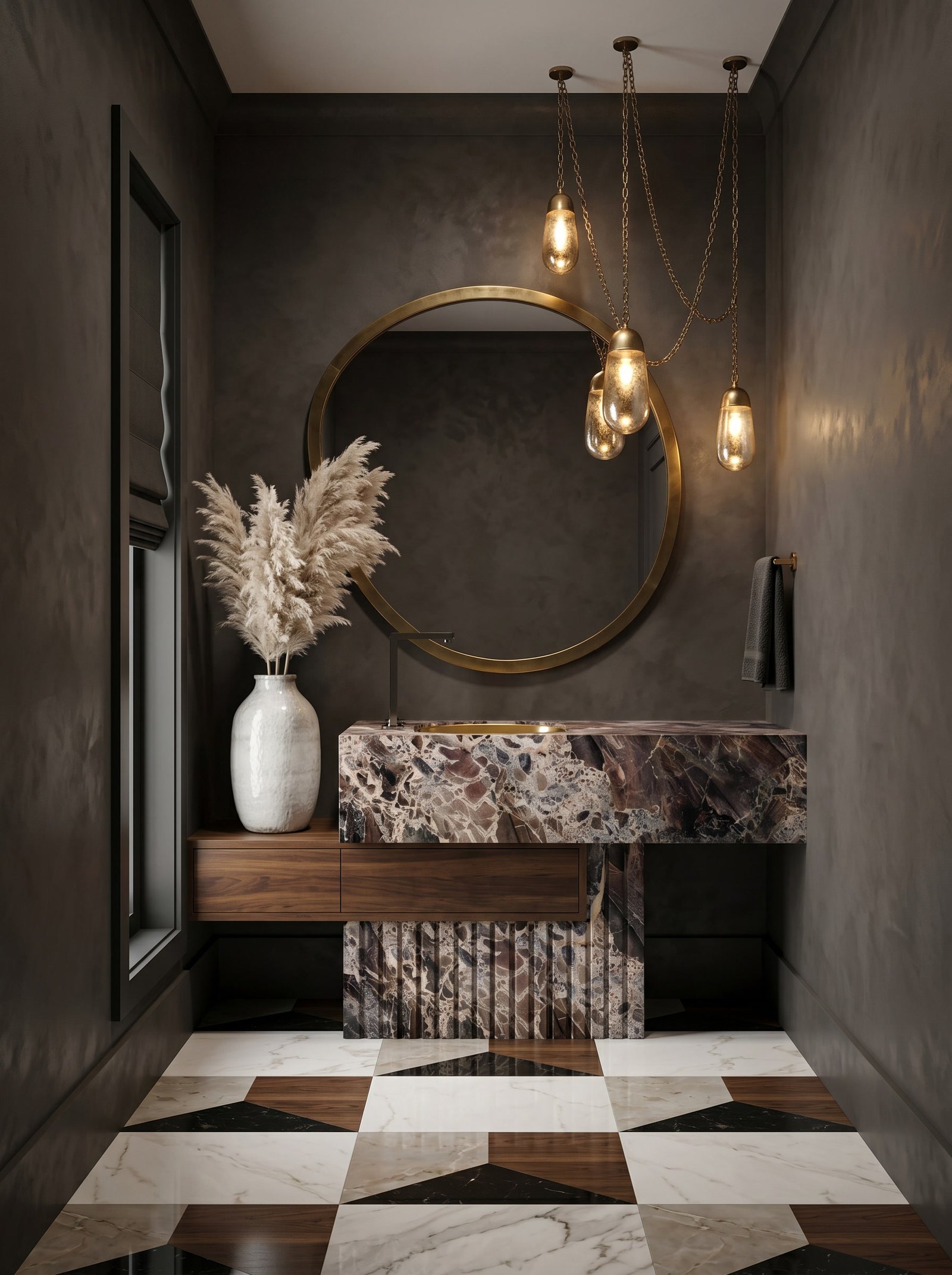 Moody powder room with circular brass mirror and stone vanity