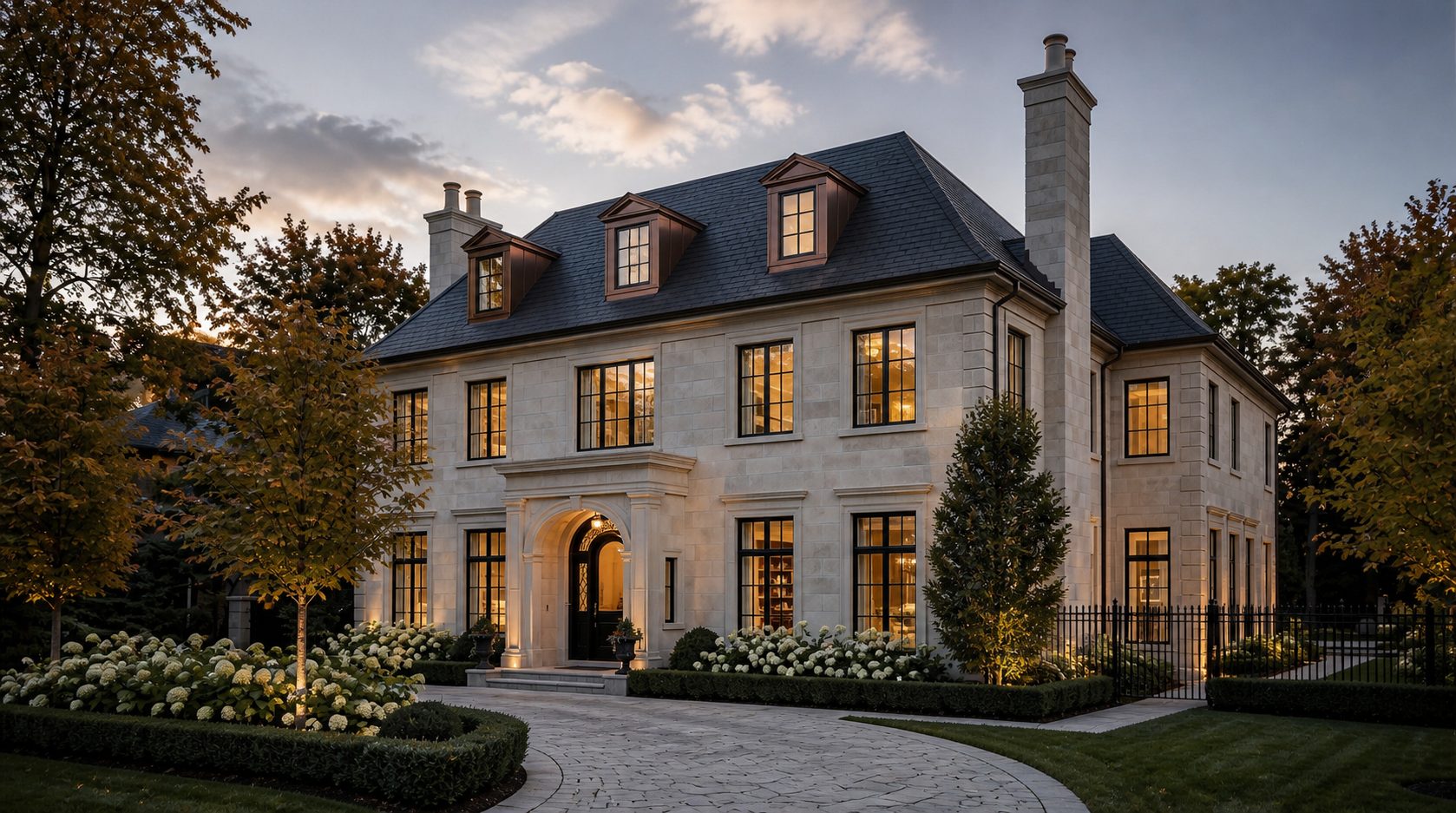 A limestone estate with a formal approach