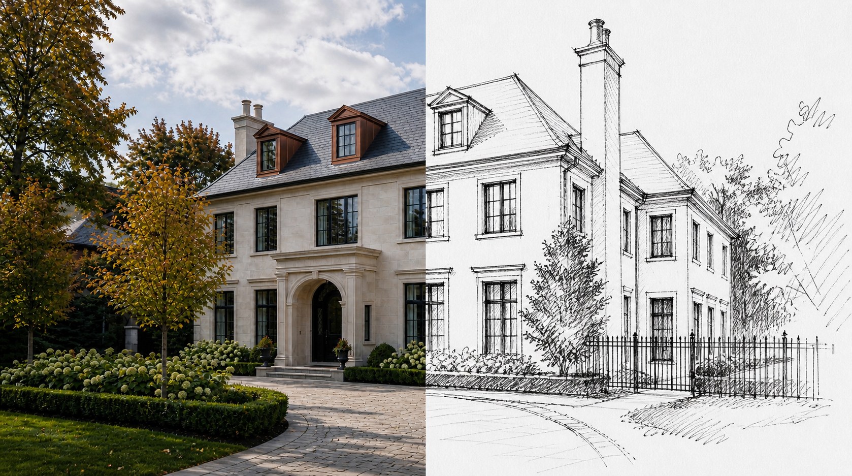 Architectural drawing on the right, completed home on the left — design becoming built