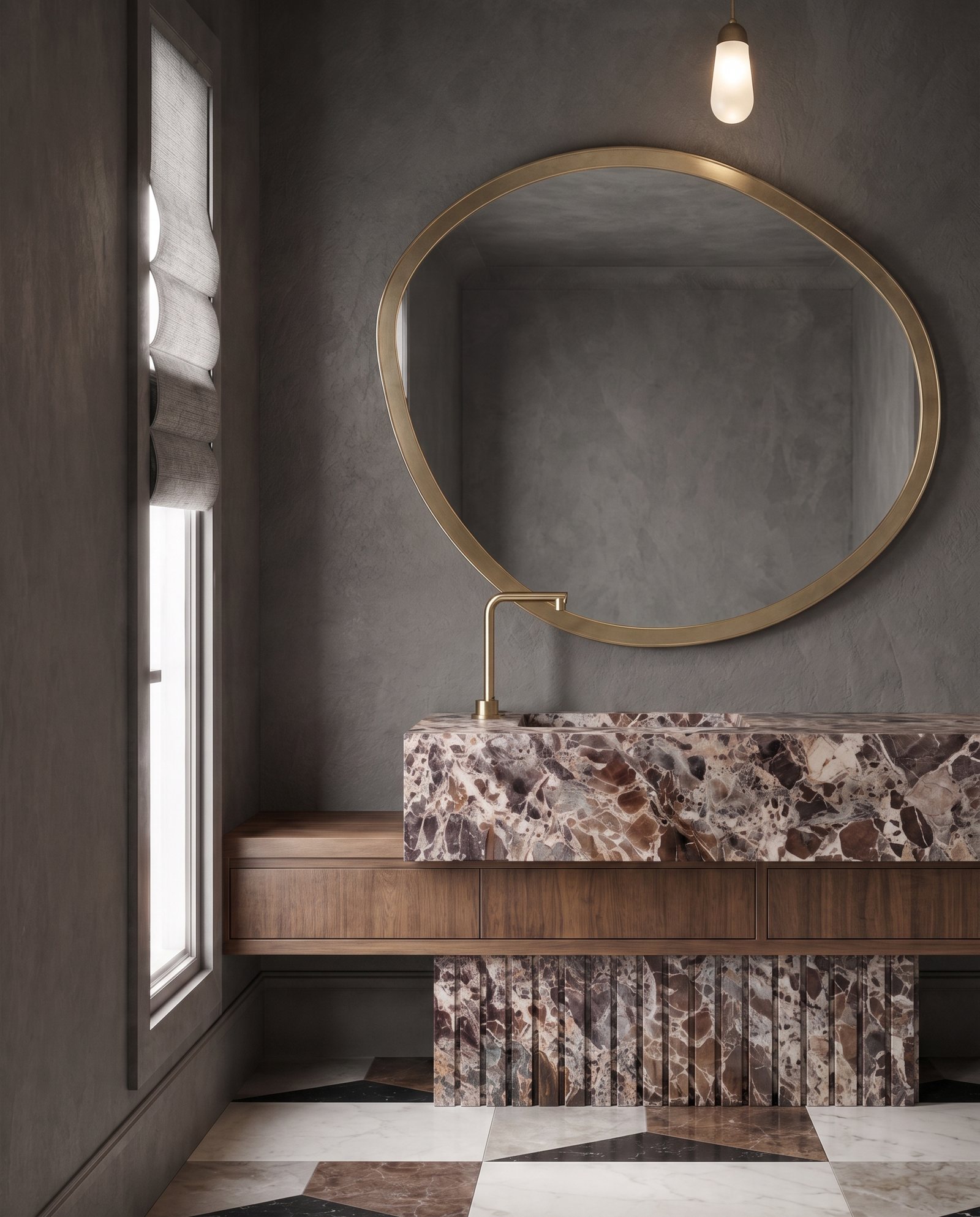 Powder room · brass mirror